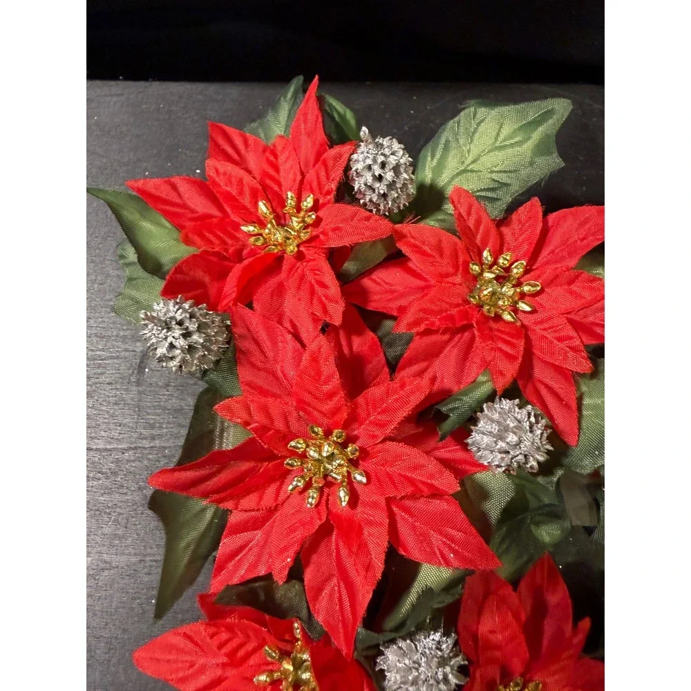 Vintage Christmas Poinsettia Candle Rings Red Silk Floral Silver Pinecones Set 4